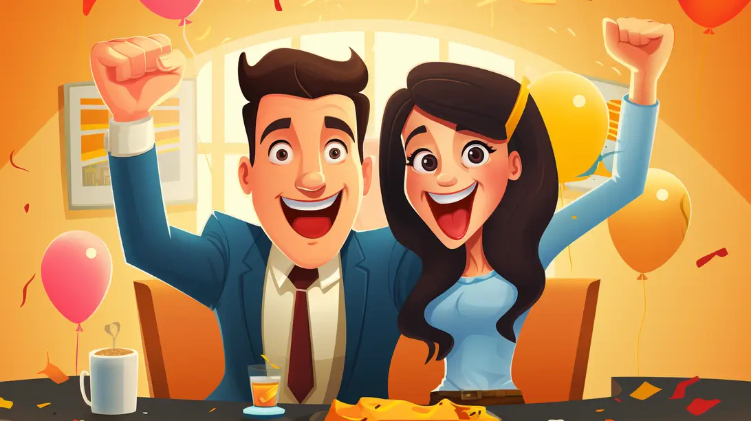 Teo happy employees celebrating at the office.